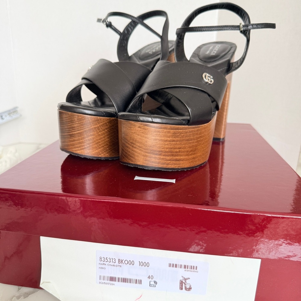Gucci Nappa Charlotte Black Leather Wood Platform Block Heel Sandals 835313 sz40 - Picture 5 of 16